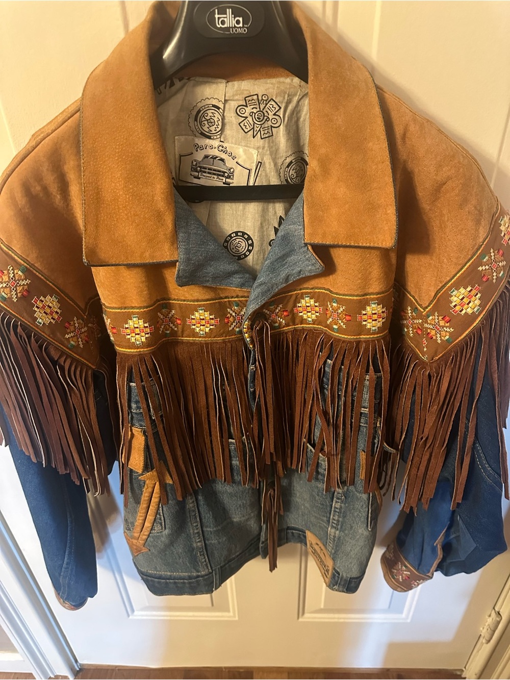 Vintage-Inspired Womans Denim Jacket with Brown Suede Fringe